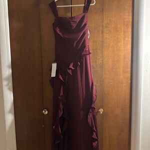 Azazie Burgundy Ruffle Maxi Dress